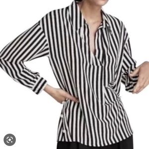 Zara basics collection black white striped blouse with pearl detail